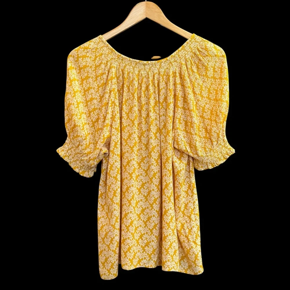 Loft Floral Smocked Puff‎ Sleeve Crinkle Knit Mustard Yellow Blouse Small #233